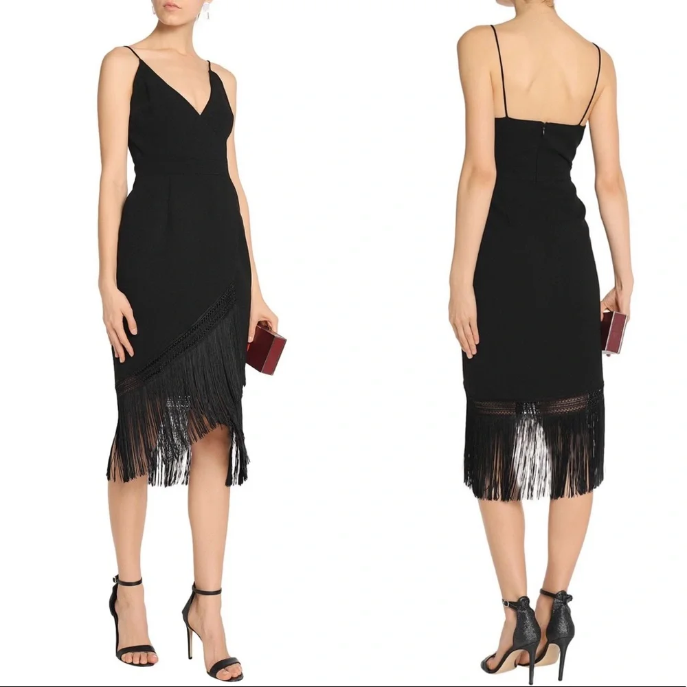 Nicholas Fringe Crepe Wrap Midi Dress Black Sz 2 - Picture 1 of 6